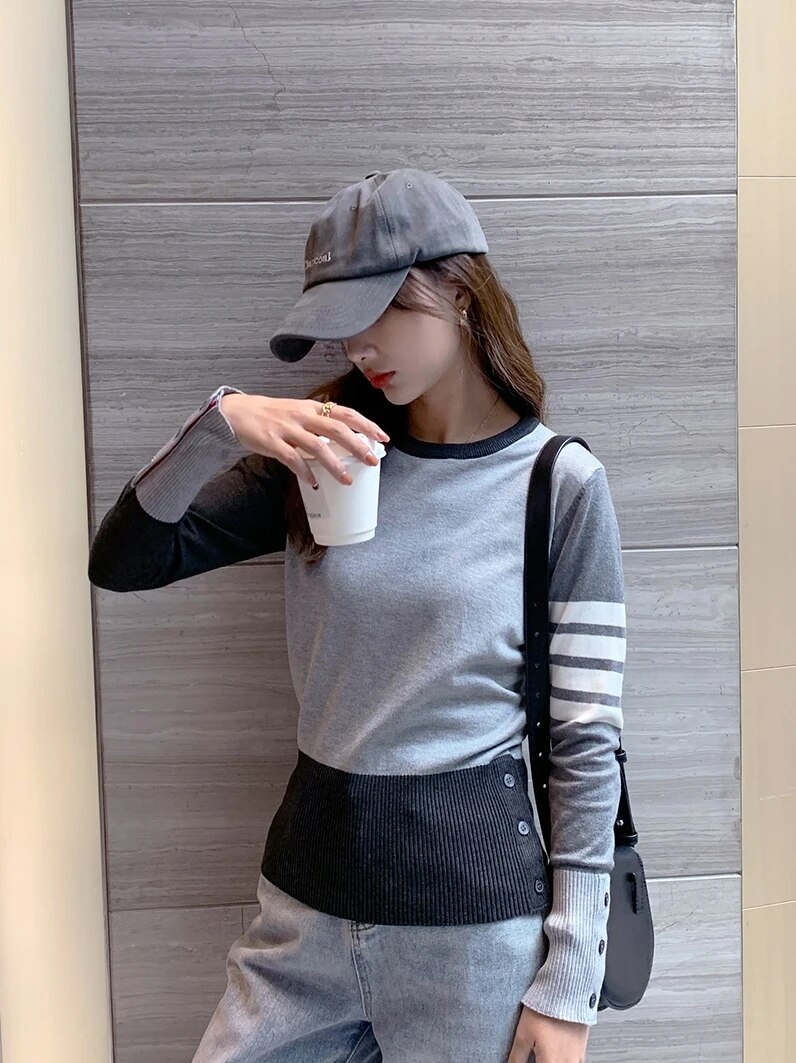 Grey bottoming sweater women tb2022 new trendy net red round neck pullover short striped slim long-sleeved knit